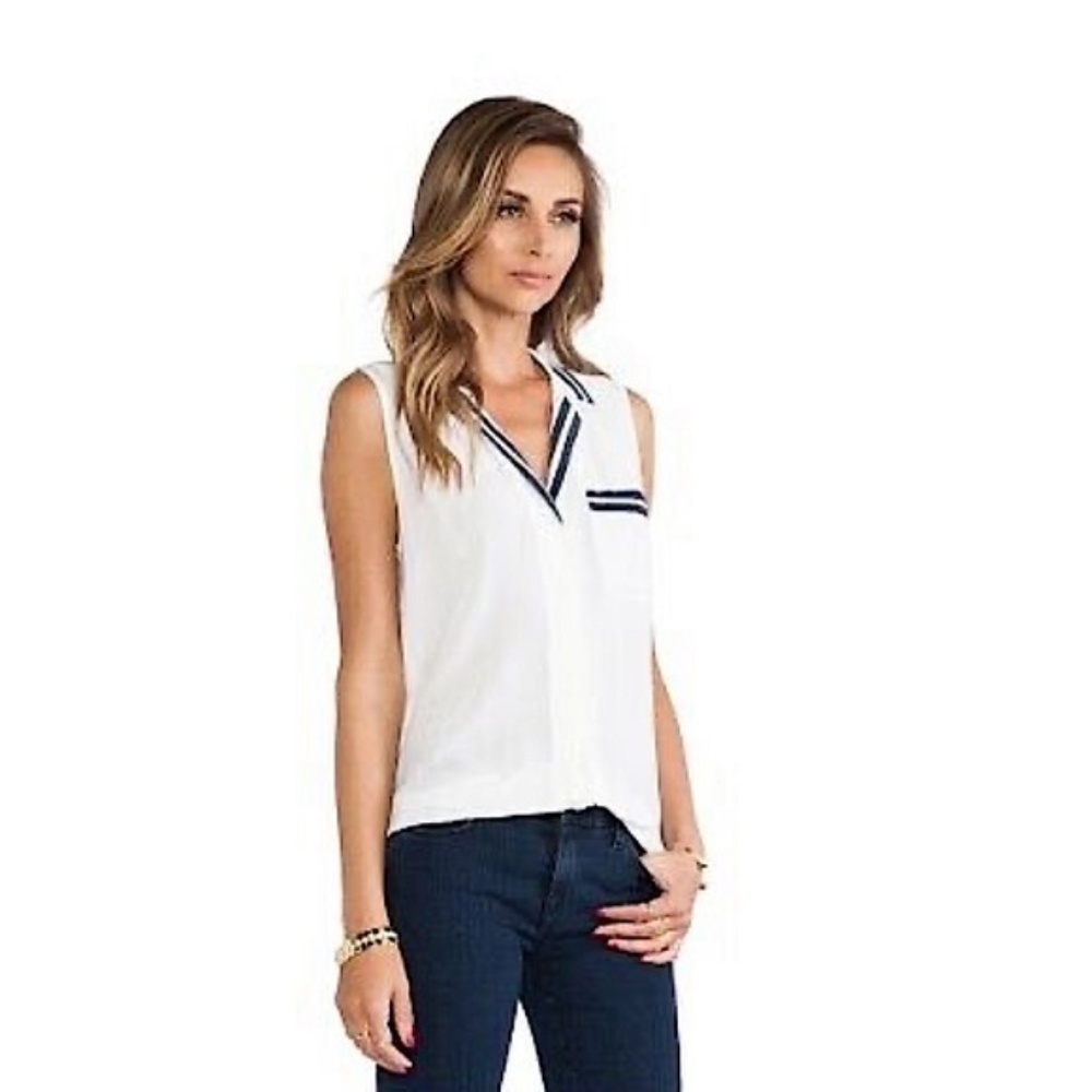 EQUIPMENT 100% Silk Tank Button Blouse White with Blue Trim size XS